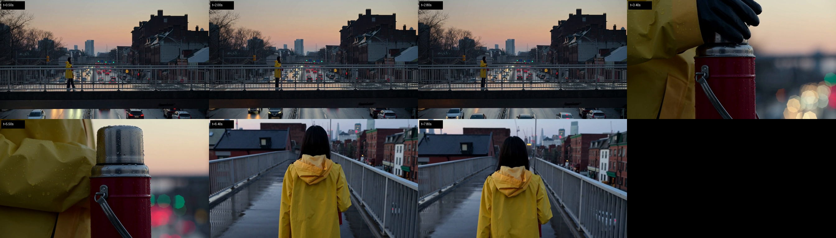 雨天桥上黄色雨衣人物与红色保温杯在七个时间点的连续性联系表